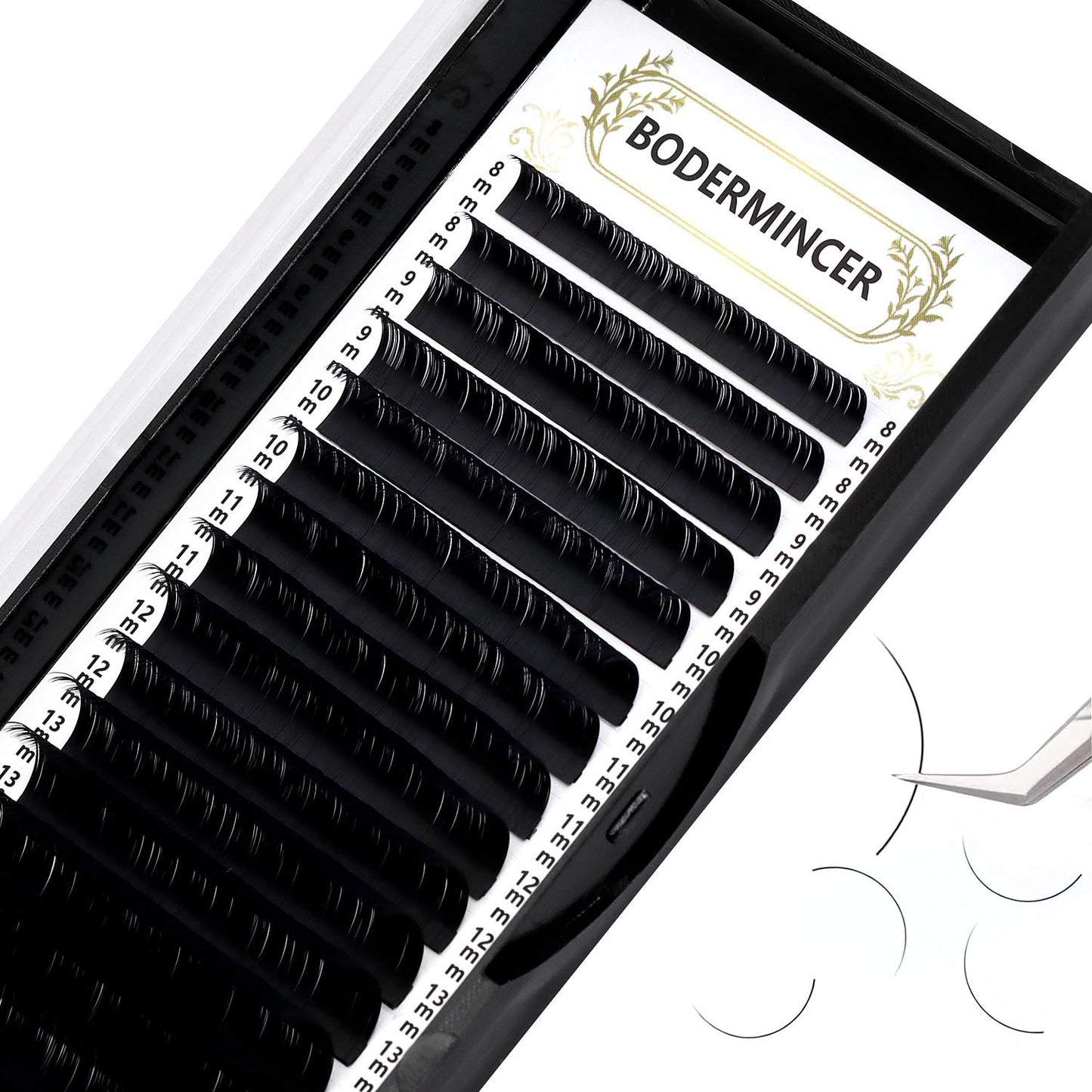 Bodermincer D Curl 16 Rows Individual Lash Extensions Volume Lash Extensions 8-15mm MIX Thickness 0.03/0.05/0.07/0.10/0.15/0.18/0.20 thickness Super Matte Black Tray Professional Supplies for Lash Salon