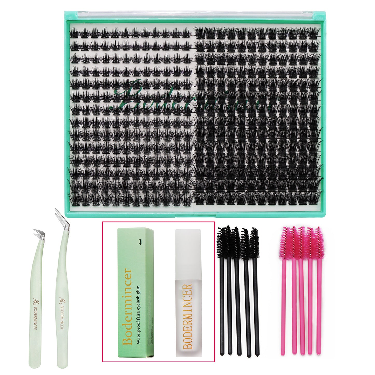 Bodermincer M01 D Curl 10-12-14-16mm + M02 D Curl 12-14-16-18mm Mixed Eyelashes Cluster Glue+Tweezers+Eyelashes Brush Kit