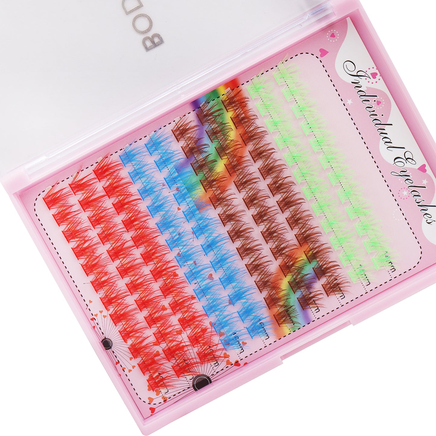 BODERMINCER Eyelashes Color Green+Brown+Blue+Red Mixed C02# Lash Cluster Large Tray 120pcs Lash Cluster DD Curl