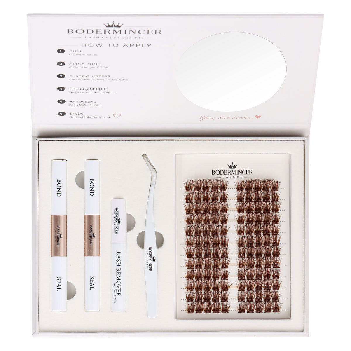 BODEMINCER Veloura-M04-Brown Pre-mapped Lash Clusters Kit 12-14-16mm Mixed D Curl