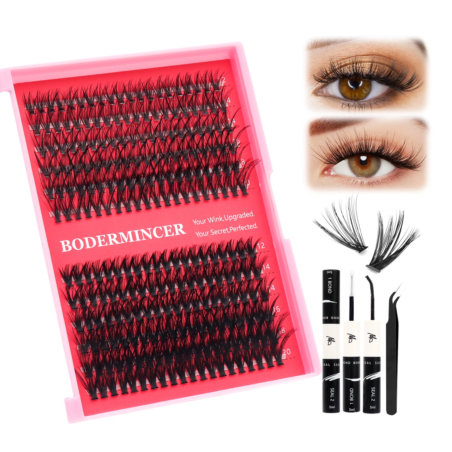BODERMINCER 5 Packs 20D+40D Lash Clusters 1200pcs D Curl Lash Clusters Kit With Bond and Seal Tweezers