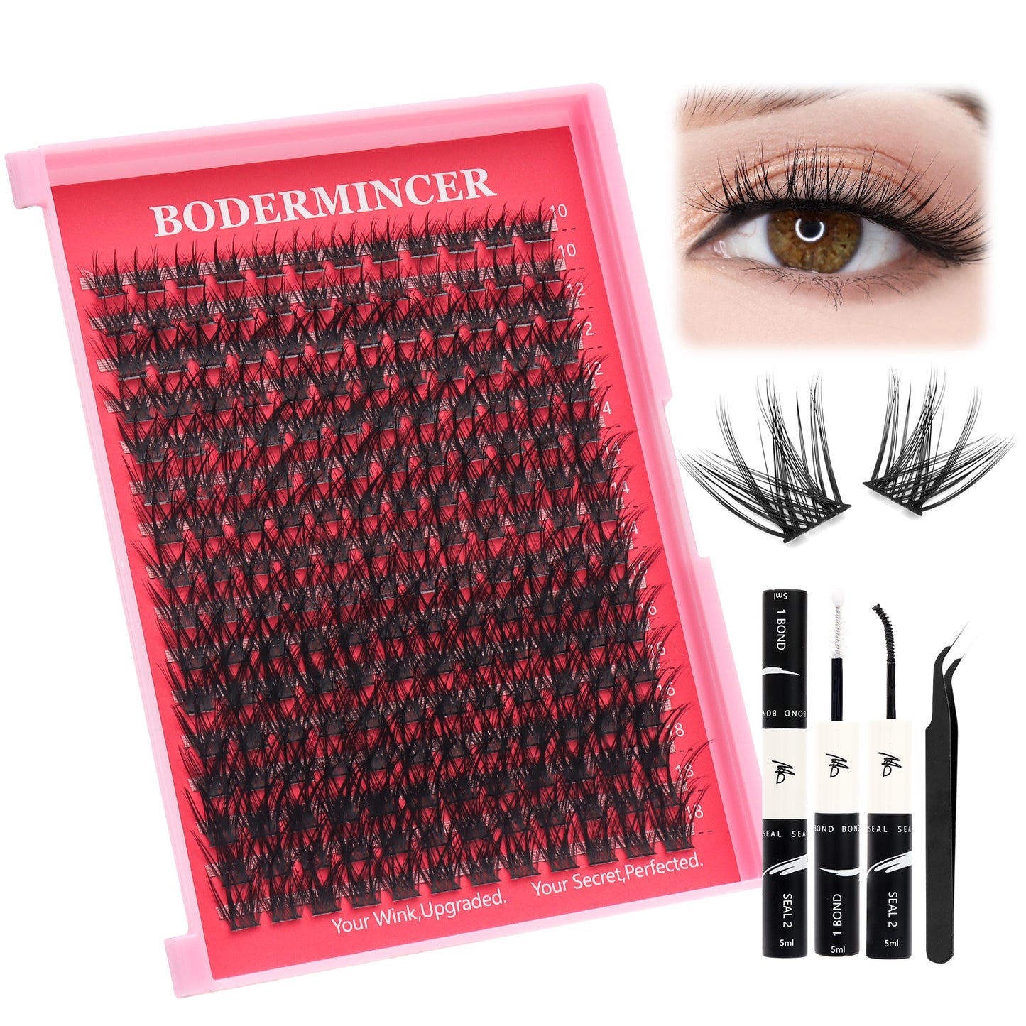 BODERMINCER MY007# 10-12-14-16-18mm Mixed Natural Wispy Lash Clusters Kit D Curl