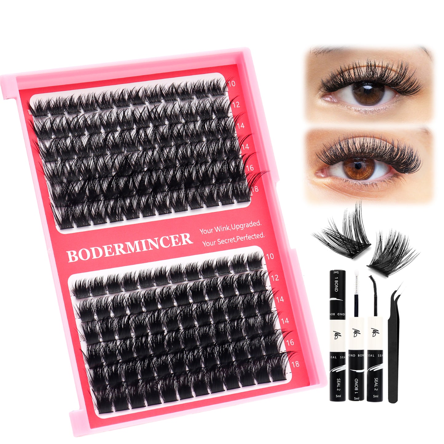 BODERMINCER S0033#+S001T# 10-12-14-16-18mm Mixed Lash Cluster Kit D Curl