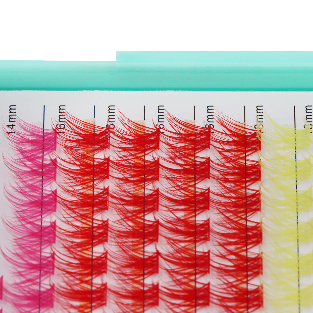 Bodermincer D Curl 5 Colors Mixed Tray Light Pink+Orange+Rose Red+Red+Yellow Color Lashes Clusters M02# 204pcs Per Tray 10-12-14-16-18mm Mixed Length