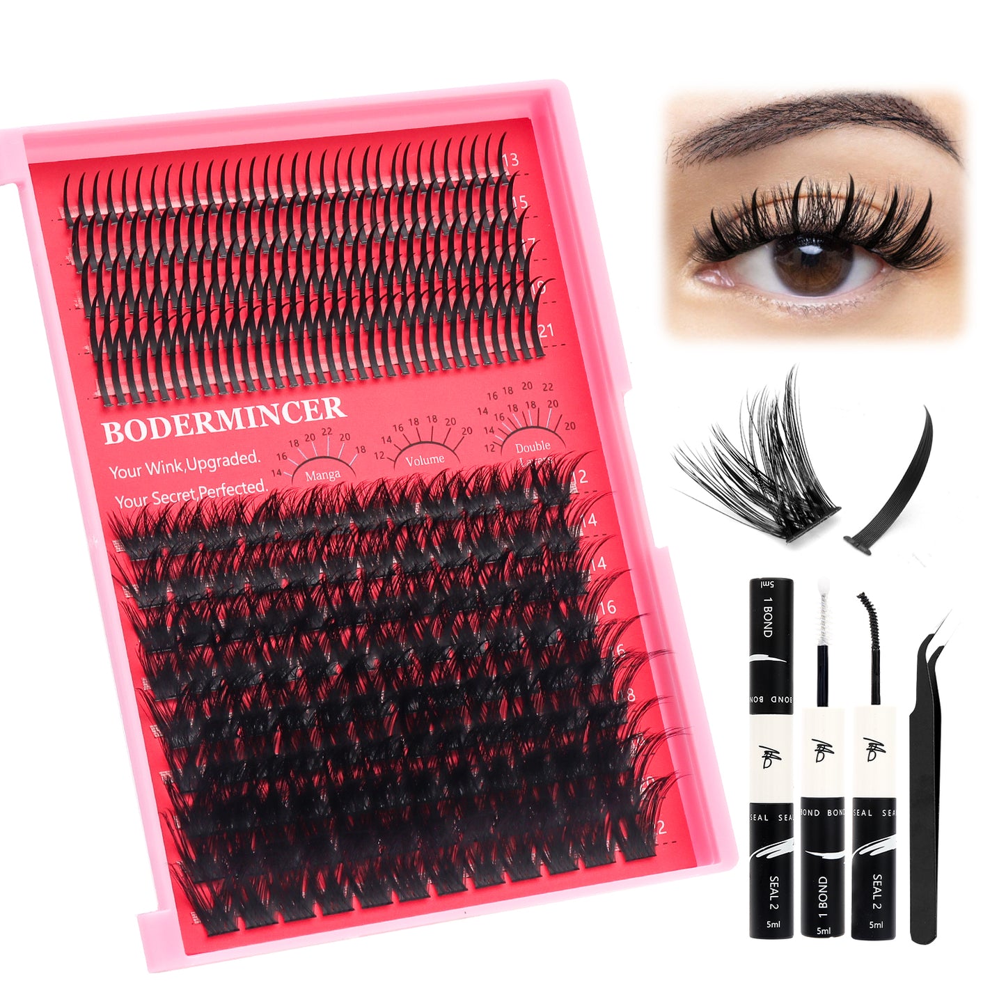 BODERMINCER Spiky Lash 13-21mm +M0033# 12-22mm Mixed Volume Lash Clusters Kit