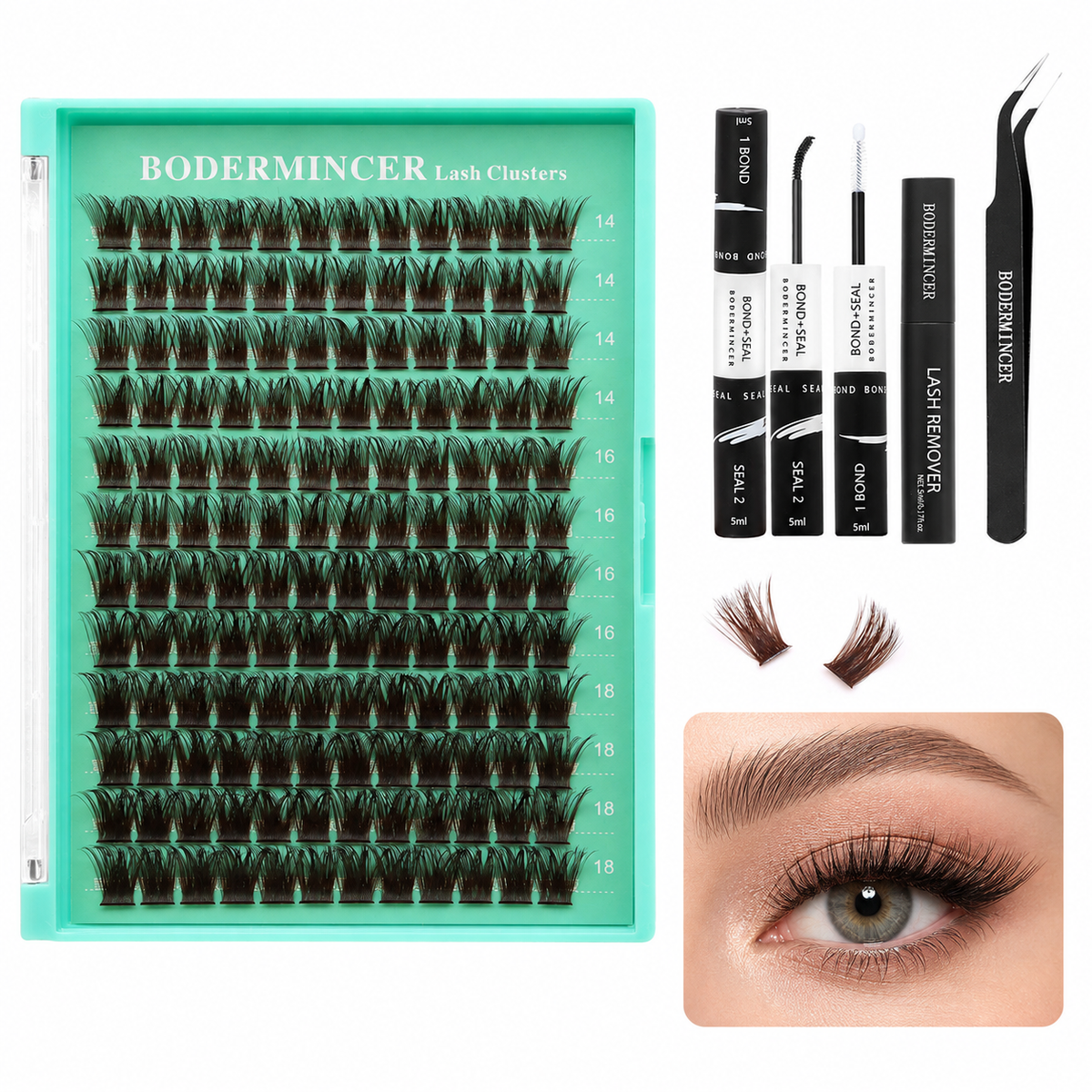 BODERMINCER M01 Black Brown 14-16-18mm Mixed Lash Clusters Kit D Curl