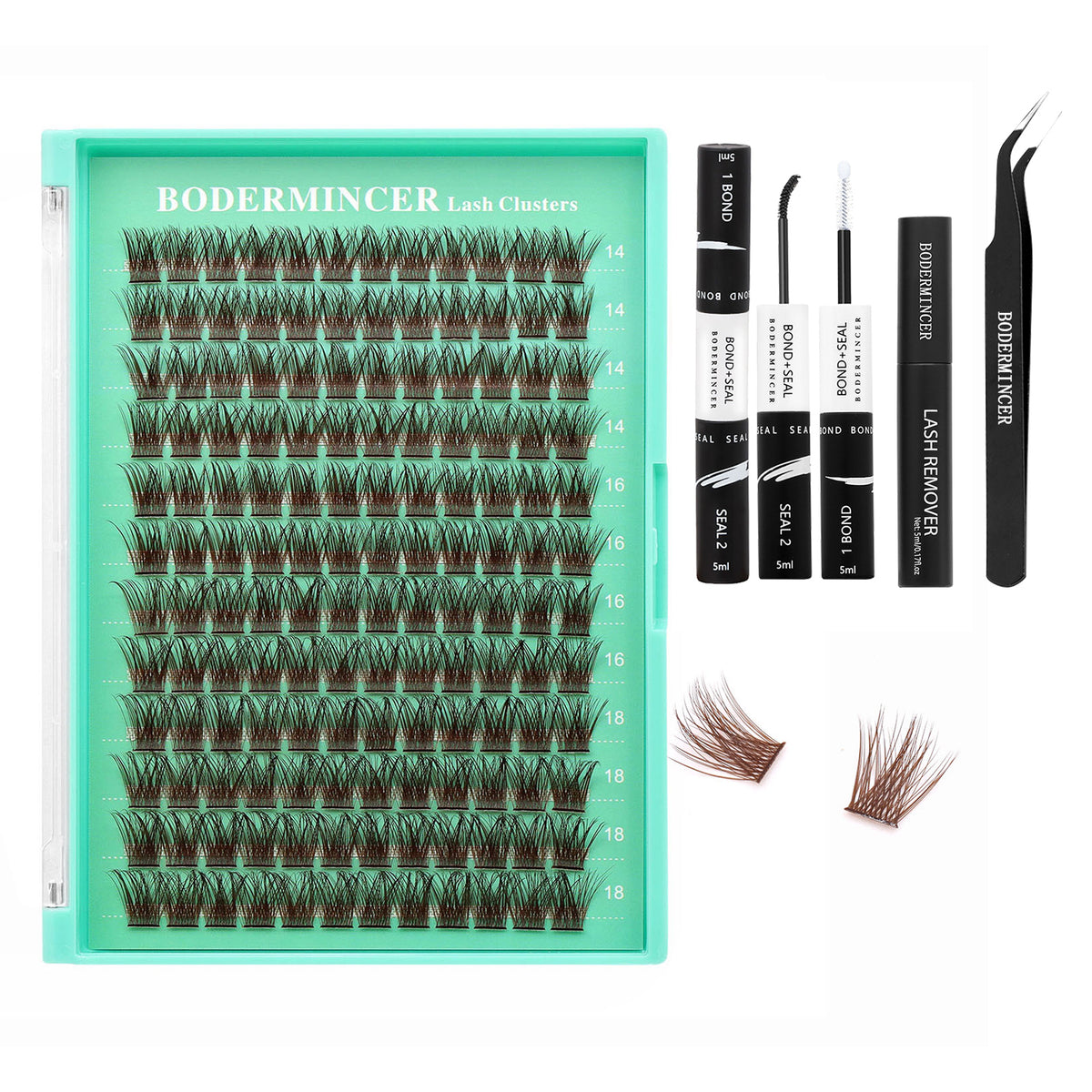 BODERMINCER M010# Dark Brown 14-16-18mm Mixed Lash Clusters Kit D Curl