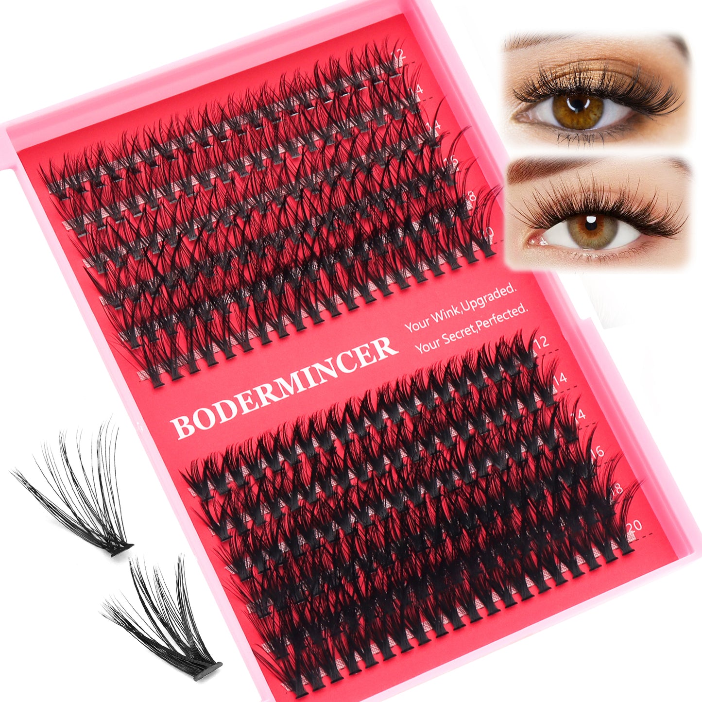 BODERMINCER 240pcs D Curl 20D+40D 12-20mm Mixed Lash Clusters Kit With Bond And Seal ,Tweezers
