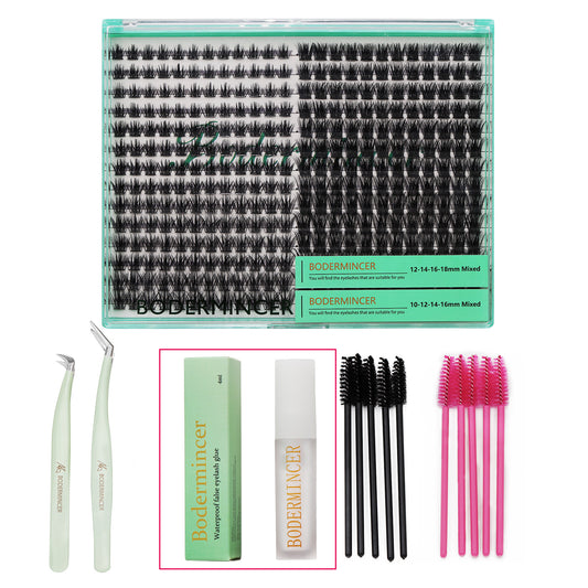 Bodermincer M01 D Curl 10-12-14-16mm + M02 D Curl 12-14-16-18mm Mixed Eyelashes Cluster Glue+Tweezers+Eyelashes Brush Kit