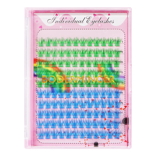 BODERMINCER Eyelashes Color Green + Blue Mixed C02# Lash Cluster 120pcs Large Tray Lash Cluster 10-12-14mm Mixed/14-16-18mm Mixed D Curl/DD Curl to Choose