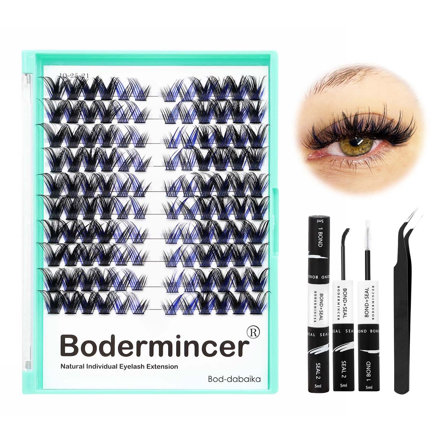 Bodermincer Cat Eyes Blue Black Mixed Lash Kit With Bond and Seal Lash Tweezers