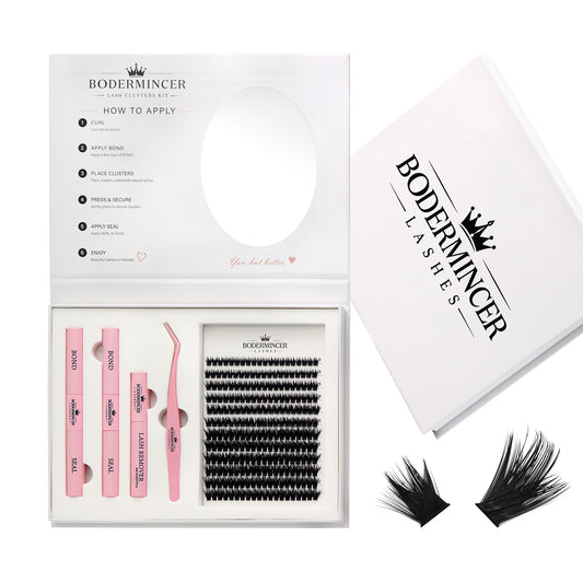 BODERMINCER 100D Wispy Lash Clusters Kit with Mirror, D Curl, 8-12mm Thick 100D wispy clusters with short mixed lengths, complete tools and a convenient built-in oval mirror