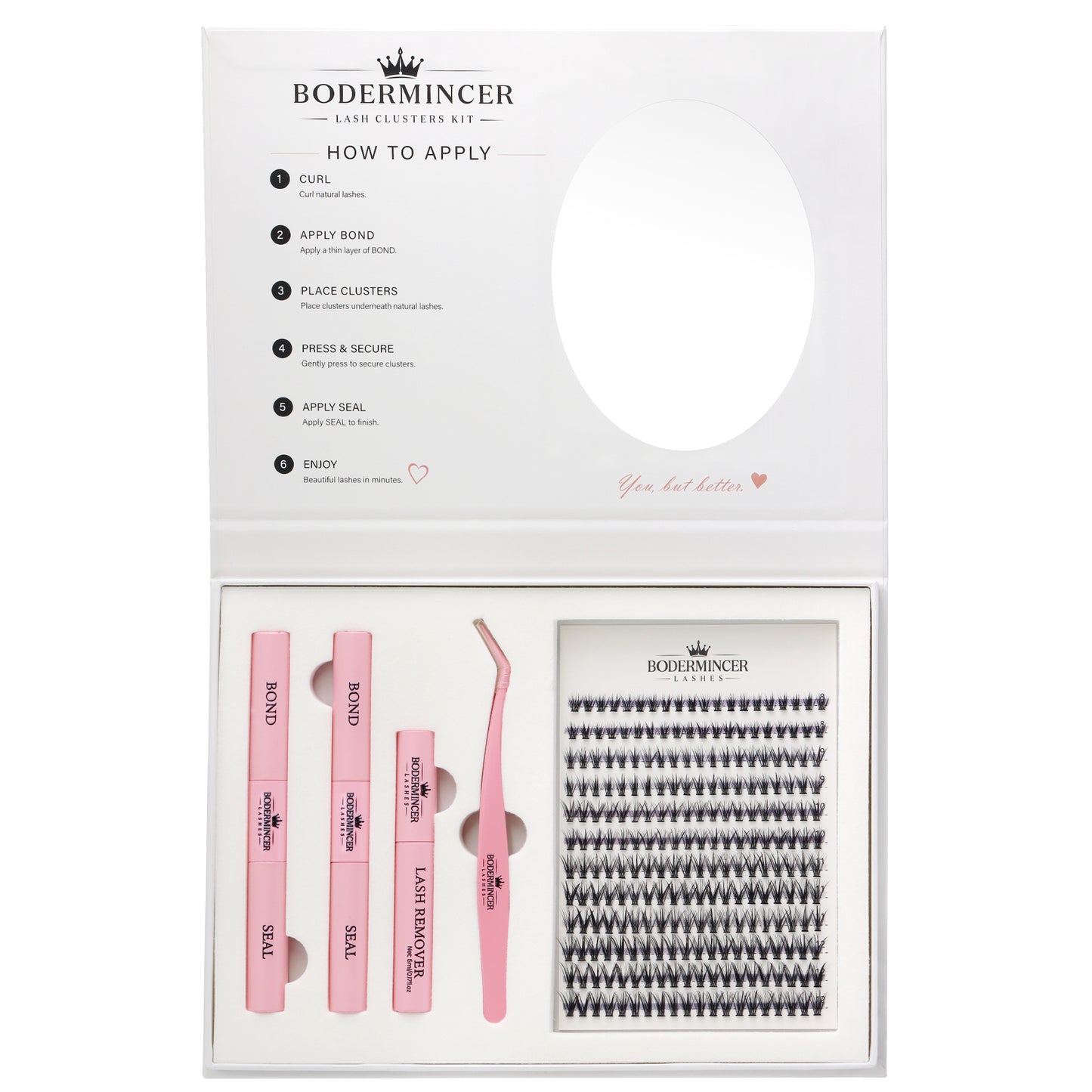 BODERMINCER 20D Lash Clusters Kit, CC Curl, 8-12mm Short Mixed Complete DIY kit with 2 Bond & Seal tubes, remover and lash tweezers.