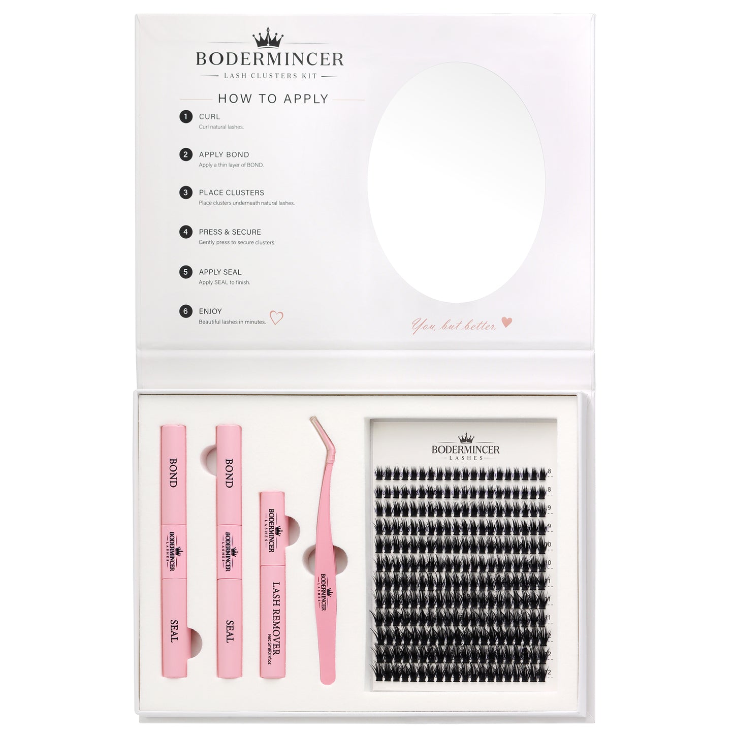 BODERMINCER 60D Wispy Lash Clusters Kit with Mirror, D Curl, 8-12mm Natural 60D wispy clusters with short mixed lengths, complete tools and a convenient built-in oval mirror.