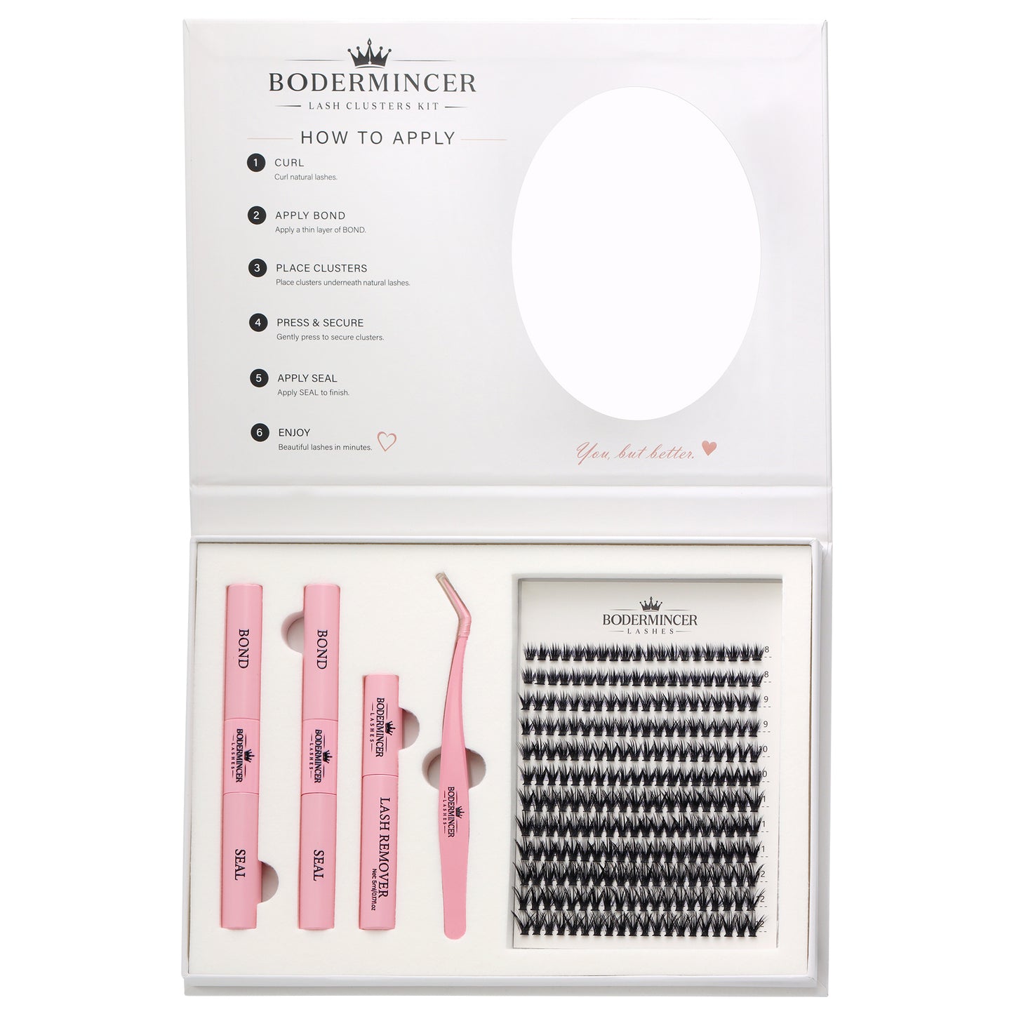 BODERMINCER 40D Lash Clusters Kit, D Curl, 8-12mm Short Mixed Complete DIY kit with 2 Bond & Seal tubes, remover and lash tweezers