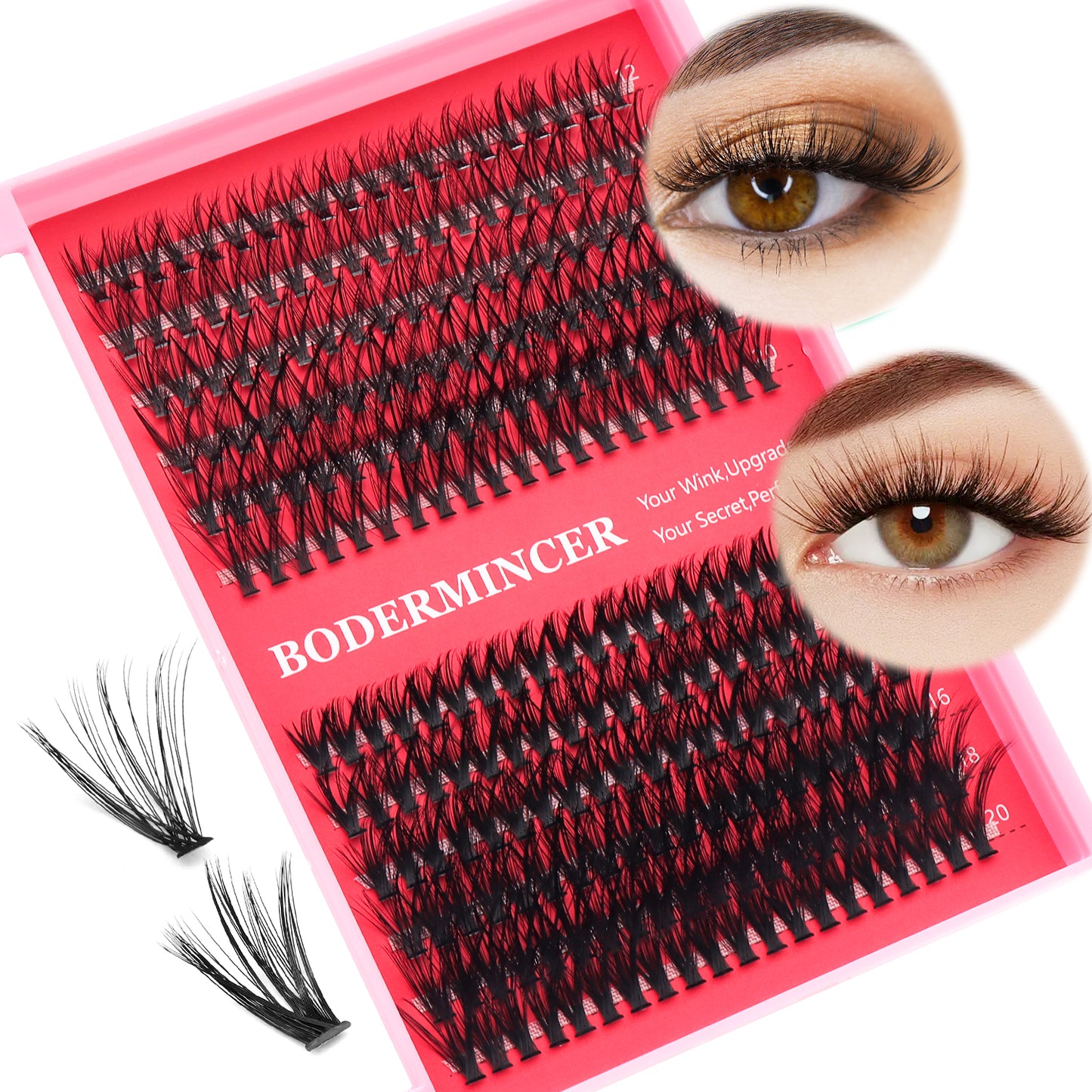 BODERMINCER 240pcs D Curl 20D+40D 12-20mm Mixed Lash Clusters Kit With Bond And Seal ,Tweezers