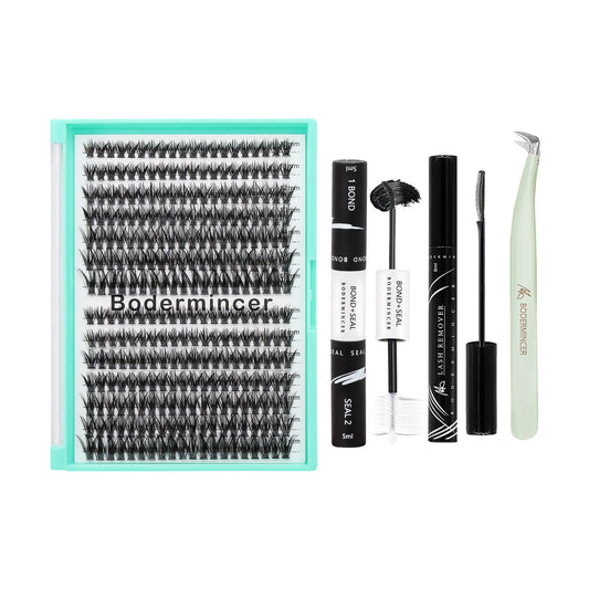 BODERMINCER 50D+50D 10-11-12-13-14-15-16mm Mixed Lash Kit Black Bond Lashes Clusters