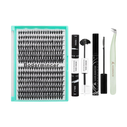 BODERMINCER 40D+40D 10-11-12-13-14-15-16mm Mixed Lash Kit Black Bond Lashes Clusters