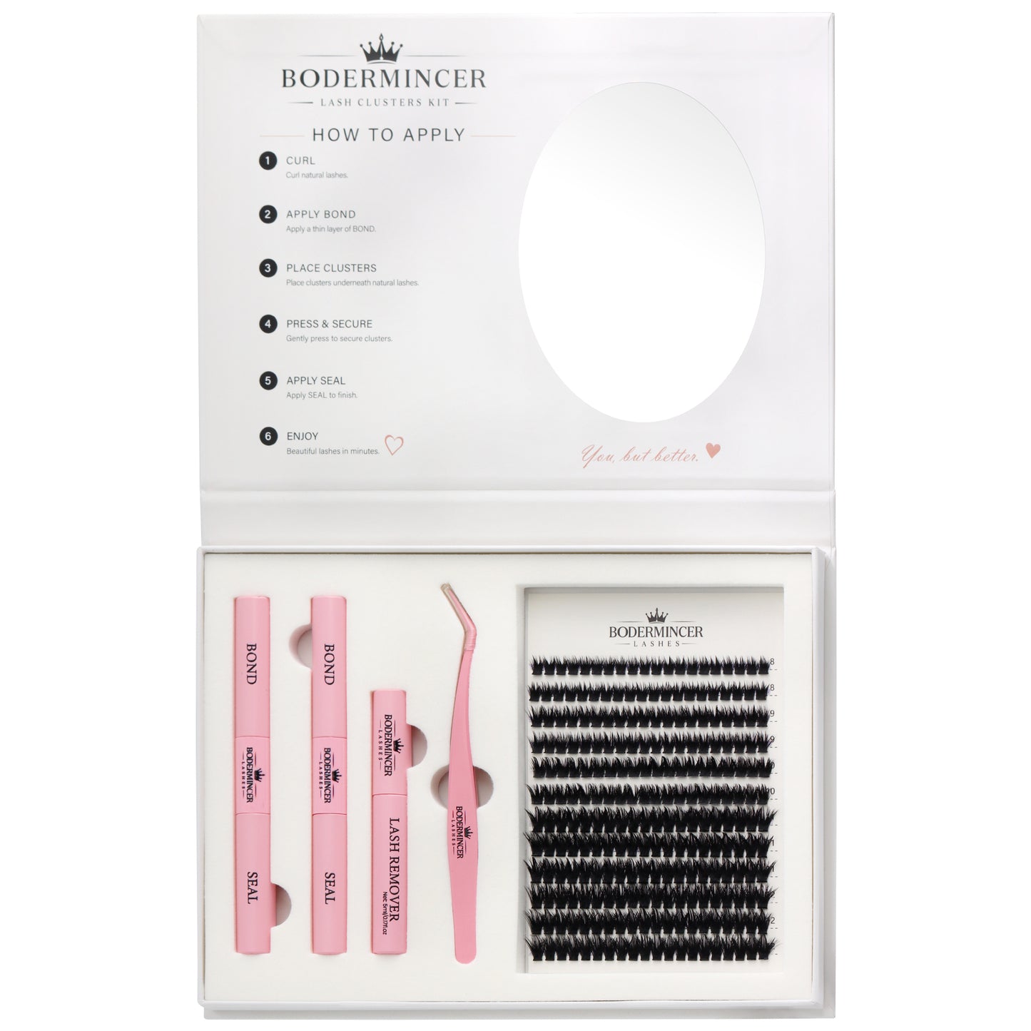 BODERMINCER 100D Wispy Lash Clusters Kit with Mirror, D Curl, 8-12mm Thick 100D wispy clusters with short mixed lengths, complete tools and a convenient built-in oval mirror