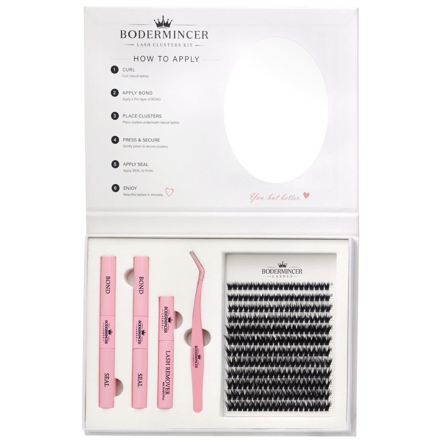 BODERMINCER 80D Wispy Lash Clusters Kit with Mirror, D Curl, 8-12mm Full 80D wispy clusters with short mixed lengths, complete tools and a convenient built-in oval mirror.