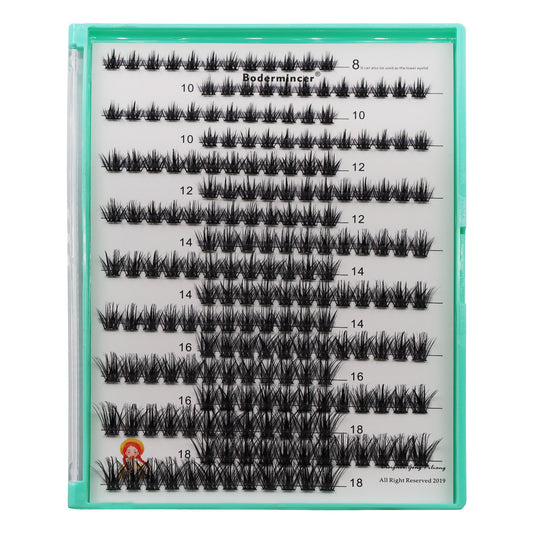 Bodermincer D Curl Black Lashes Clusters M02# 204pcs Per Tray 8-10-12-14-16-18mm Mixed Length