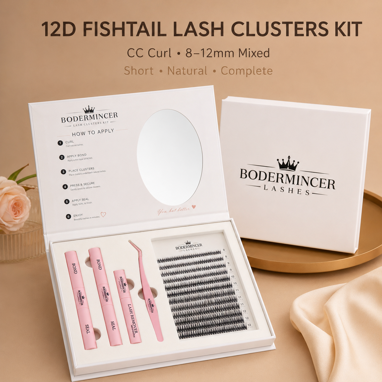 BODERMINCER 12D Fishtail Lash Clusters Kit, CC Curl, 8-12mm Portable kit with oval mirror, 2 Bond & Seal tubes, remover and tweezer
