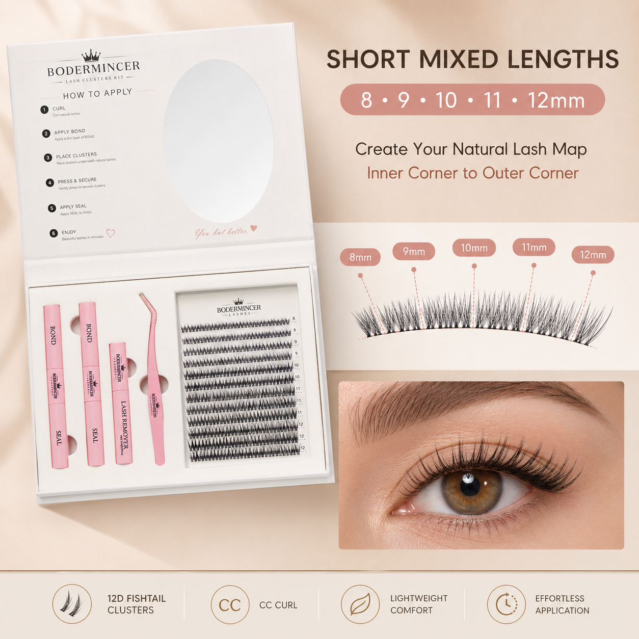 BODERMINCER 12D Fishtail Lash Clusters Kit, CC Curl, 8-12mm Portable kit with oval mirror, 2 Bond & Seal tubes, remover and tweezer