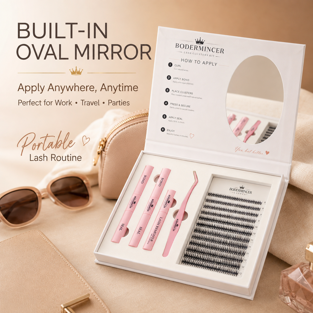 BODERMINCER 12D Fishtail Lash Clusters Kit, CC Curl, 8-12mm Portable kit with oval mirror, 2 Bond & Seal tubes, remover and tweezer