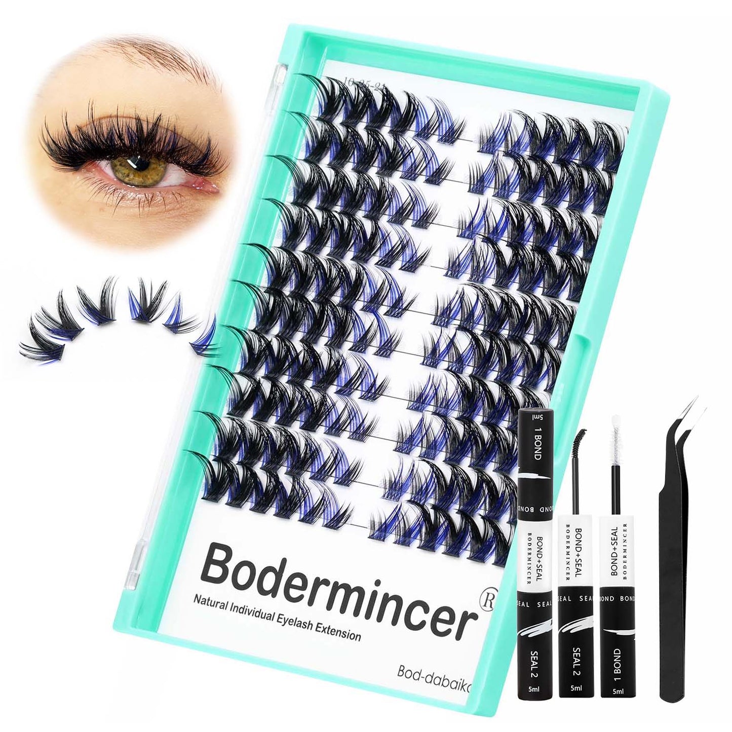 Bodermincer Cat Eyes Blue Black Mixed Lash Kit With Bond and Seal Lash Tweezers