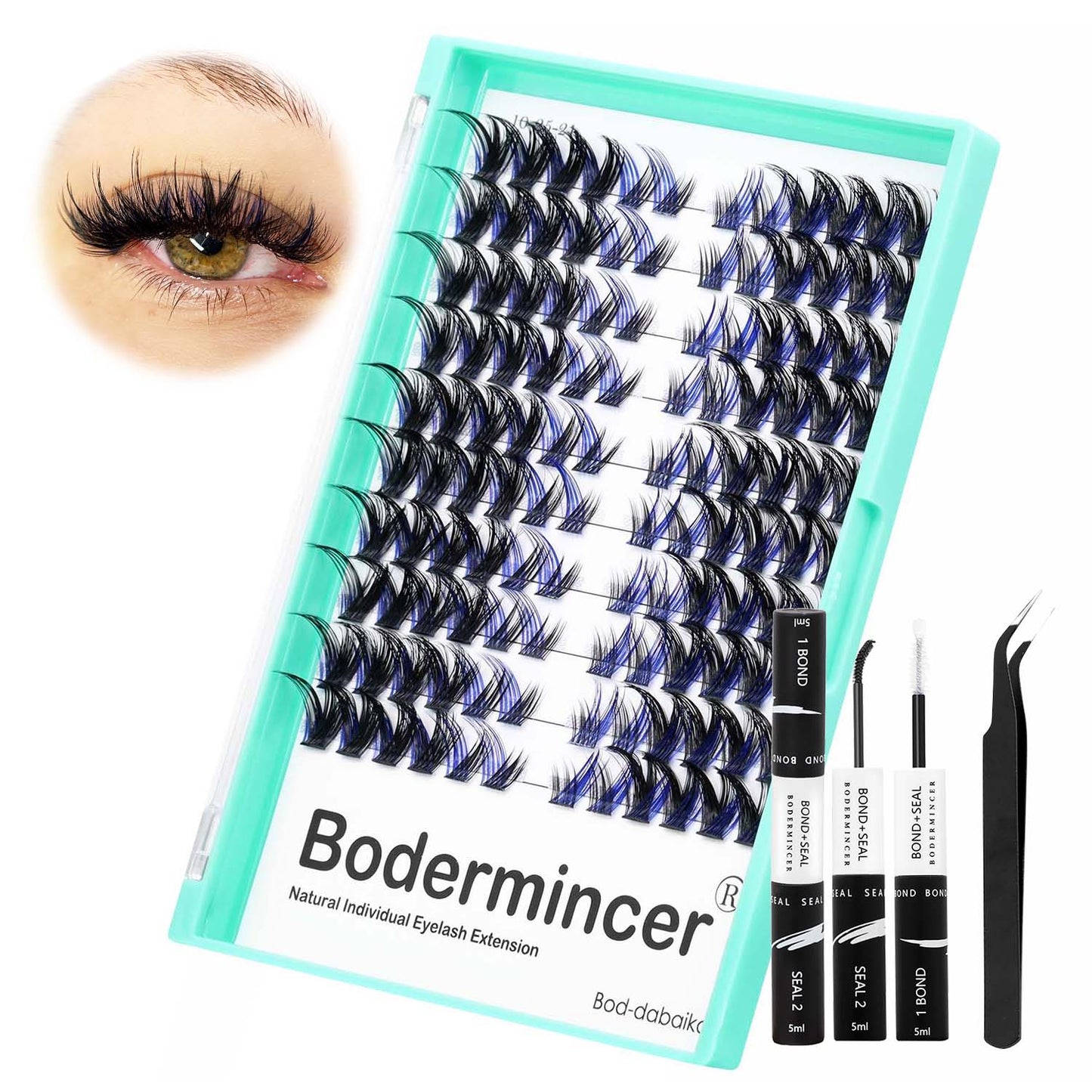 Bodermincer Cat Eyes Blue Black Mixed Lash Kit With Bond and Seal Lash Tweezers