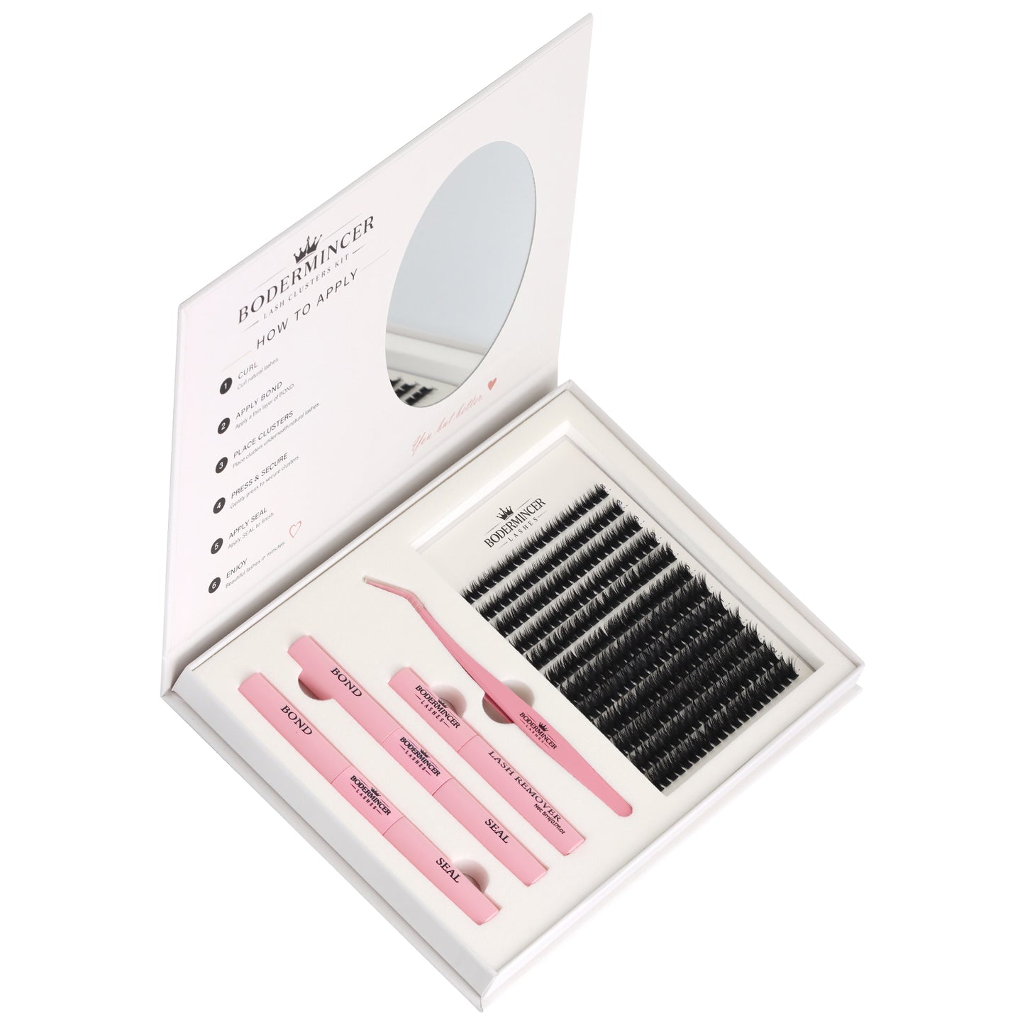 BODERMINCER 100D Wispy Lash Clusters Kit with Mirror, D Curl, 8-12mm Thick 100D wispy clusters with short mixed lengths, complete tools and a convenient built-in oval mirror