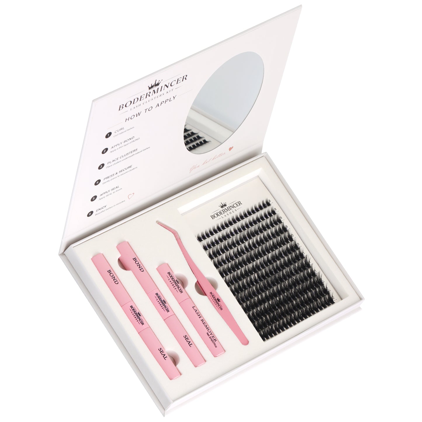 BODERMINCER 60D Wispy Lash Clusters Kit with Mirror, D Curl, 8-12mm Natural 60D wispy clusters with short mixed lengths, complete tools and a convenient built-in oval mirror.