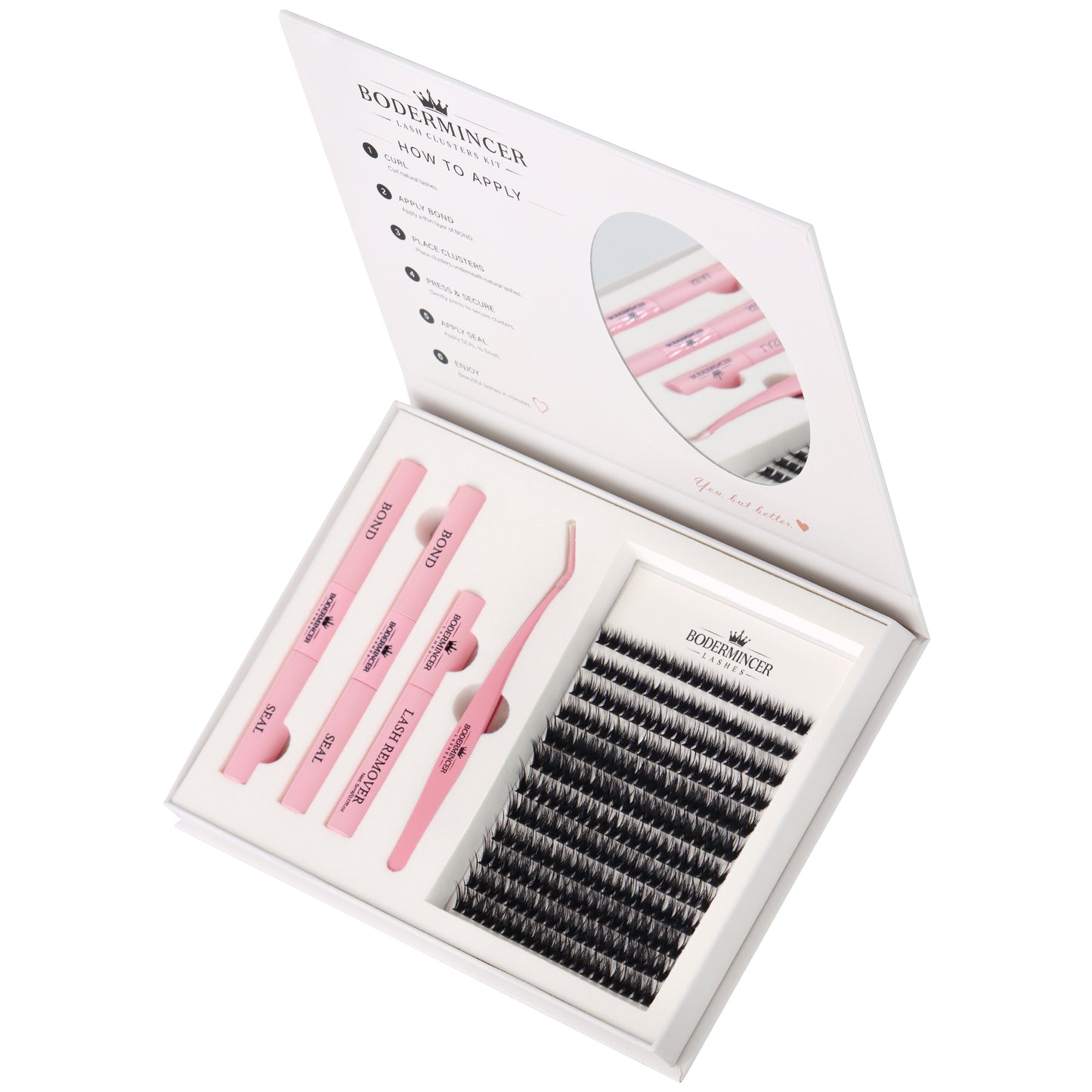 BODERMINCER 80D Wispy Lash Clusters Kit with Mirror, D Curl, 8-12mm Full 80D wispy clusters with short mixed lengths, complete tools and a convenient built-in oval mirror.