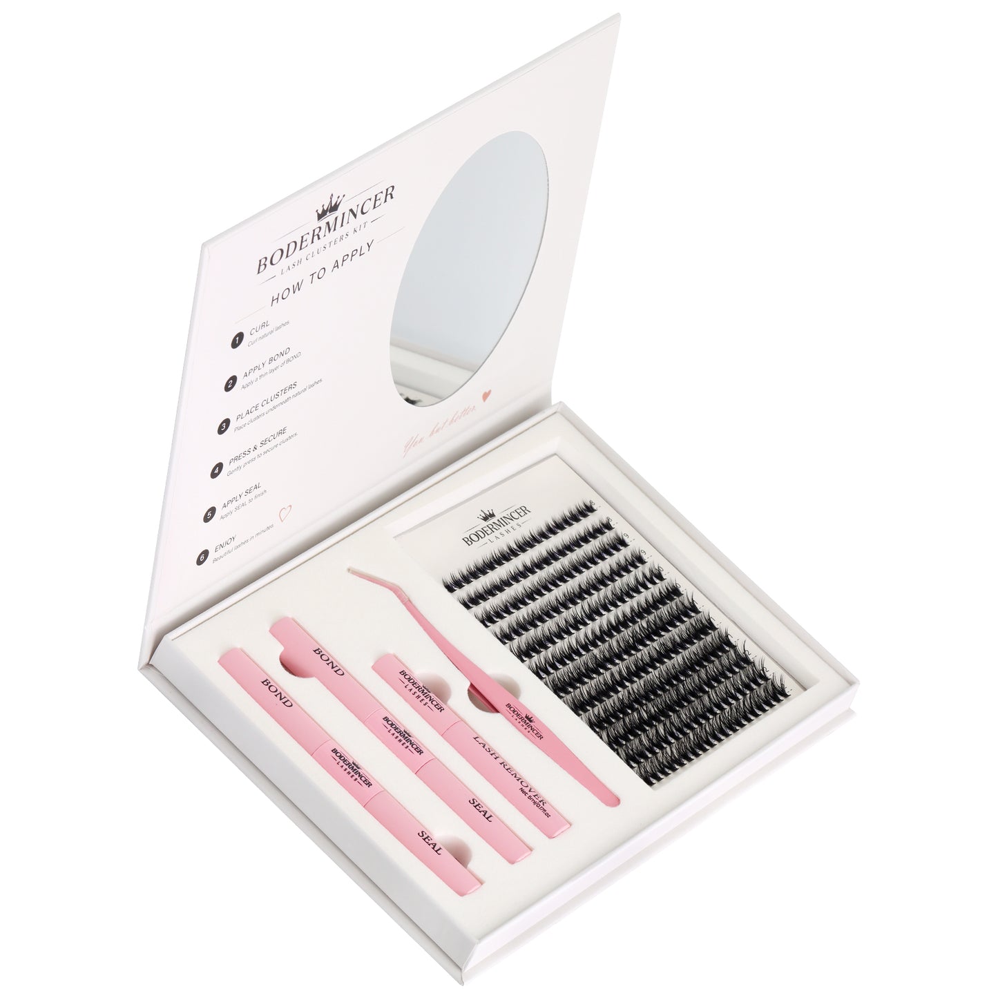 BODERMINCER 40D Lash Clusters Kit, D Curl, 8-12mm Short Mixed Complete DIY kit with 2 Bond & Seal tubes, remover and lash tweezers