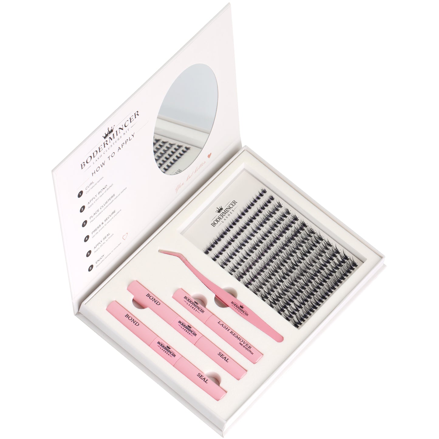 BODERMINCER 20D Lash Clusters Kit, CC Curl, 8-12mm Short Mixed Complete DIY kit with 2 Bond & Seal tubes, remover and lash tweezers.