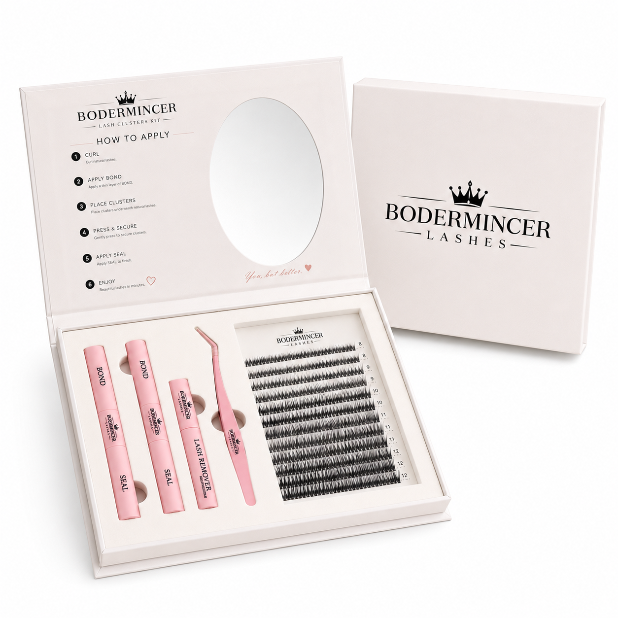 BODERMINCER 12D Fishtail Lash Clusters Kit, CC Curl, 8-12mm Portable kit with oval mirror, 2 Bond & Seal tubes, remover and tweezer