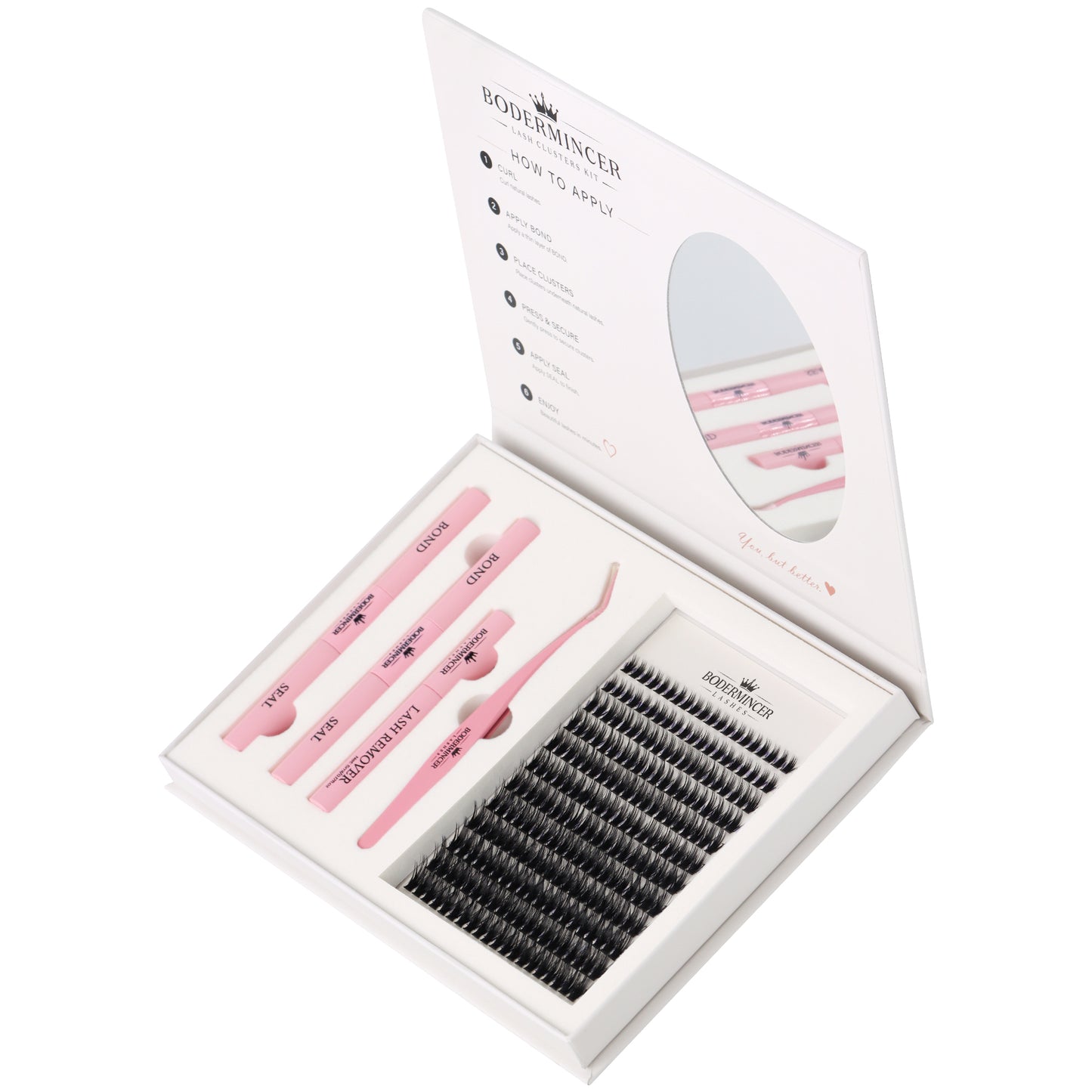 BODERMINCER 60D Wispy Lash Clusters Kit with Mirror, D Curl, 8-12mm Natural 60D wispy clusters with short mixed lengths, complete tools and a convenient built-in oval mirror.