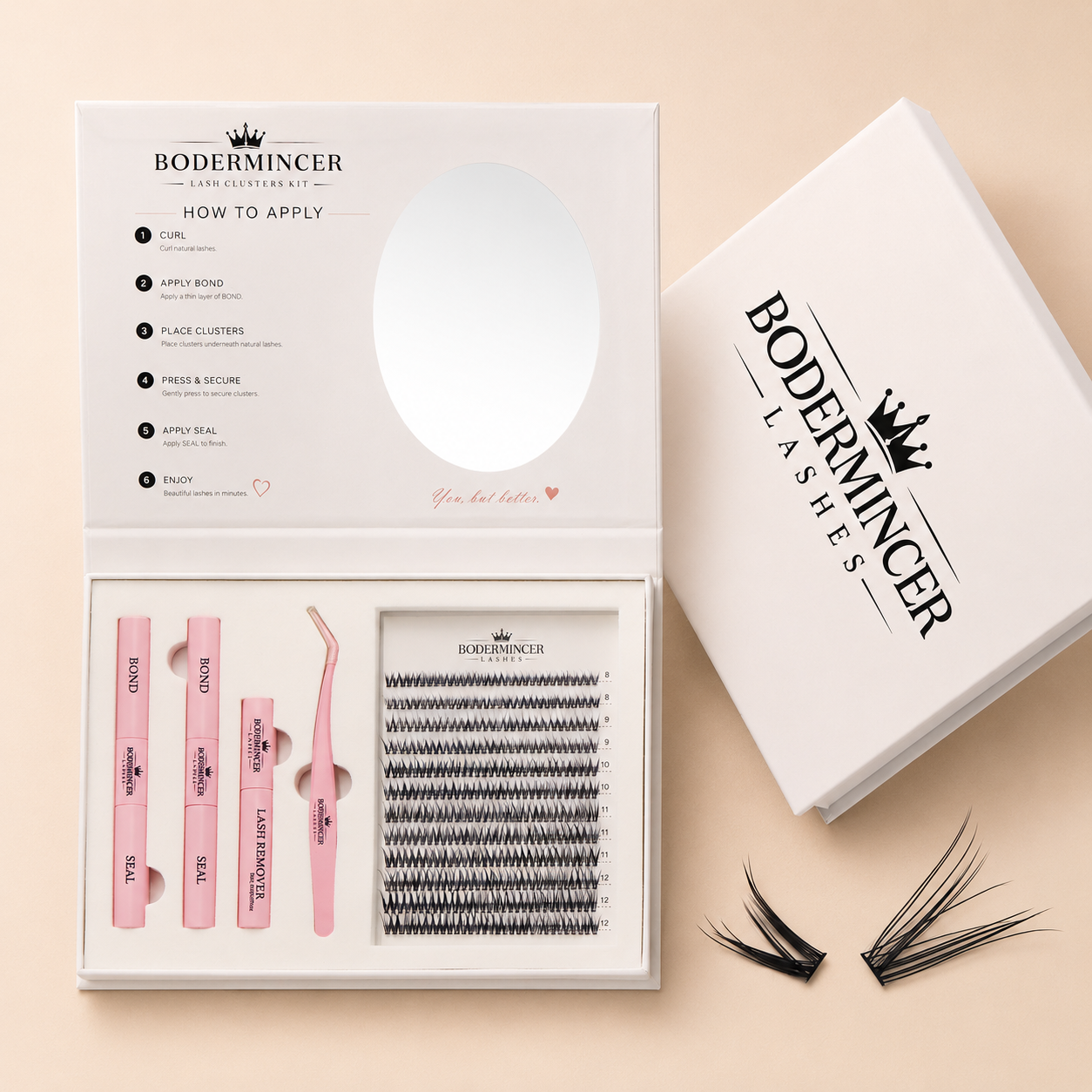 BODERMINCER 12D Fishtail Lash Clusters Kit, CC Curl, 8-12mm Portable kit with oval mirror, 2 Bond & Seal tubes, remover and tweezer