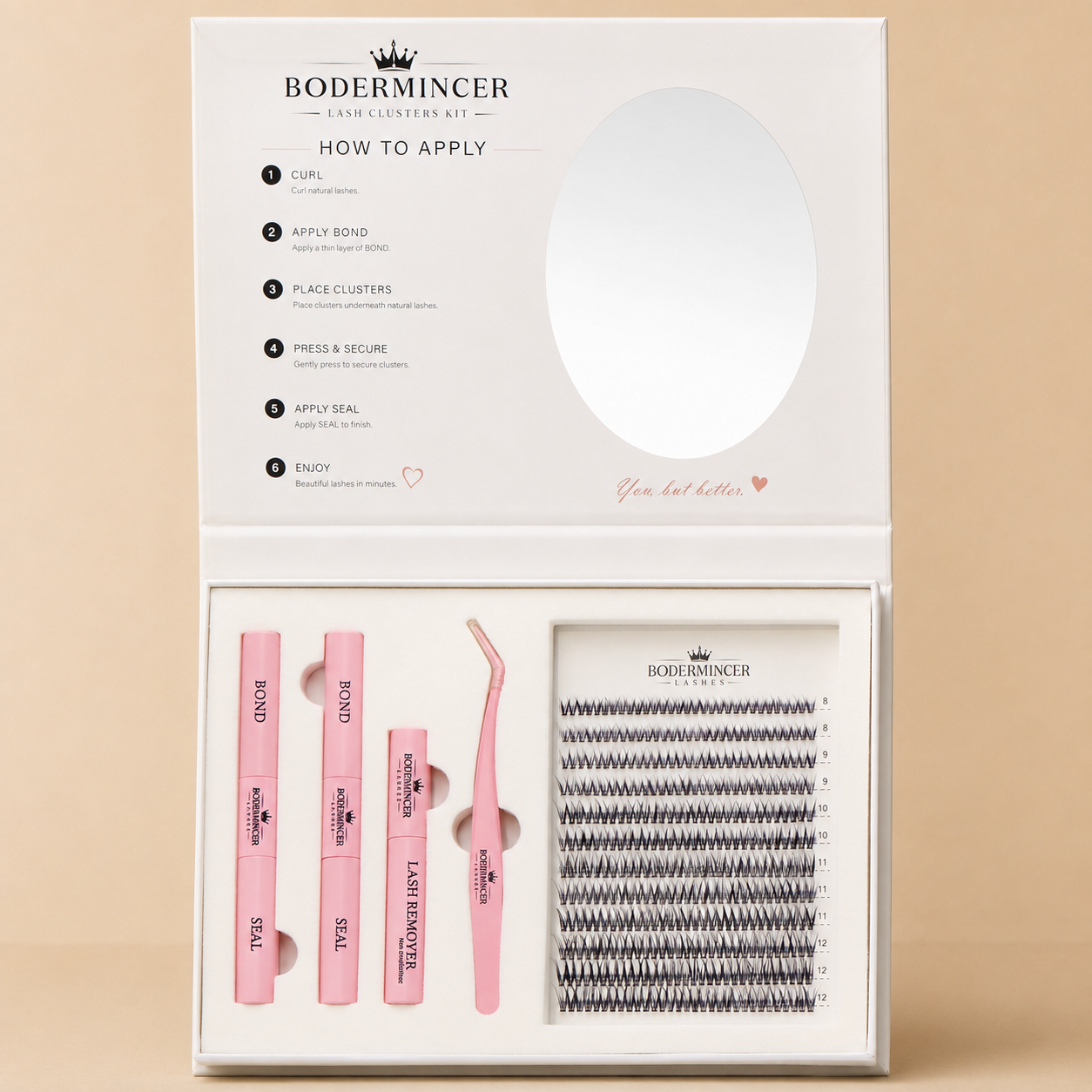 BODERMINCER 12D Fishtail Lash Clusters Kit, CC Curl, 8-12mm Portable kit with oval mirror, 2 Bond & Seal tubes, remover and tweezer