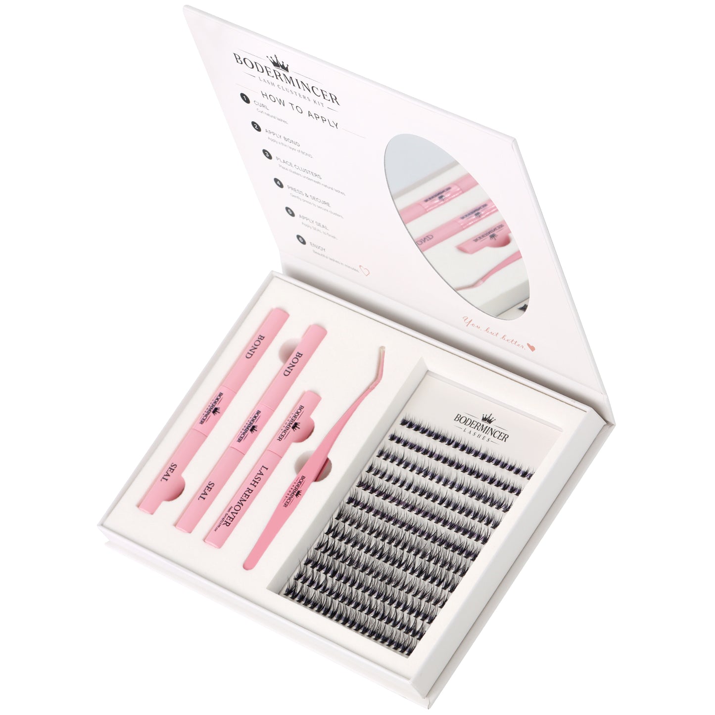 BODERMINCER 20D Lash Clusters Kit, CC Curl, 8-12mm Short Mixed Complete DIY kit with 2 Bond & Seal tubes, remover and lash tweezers.