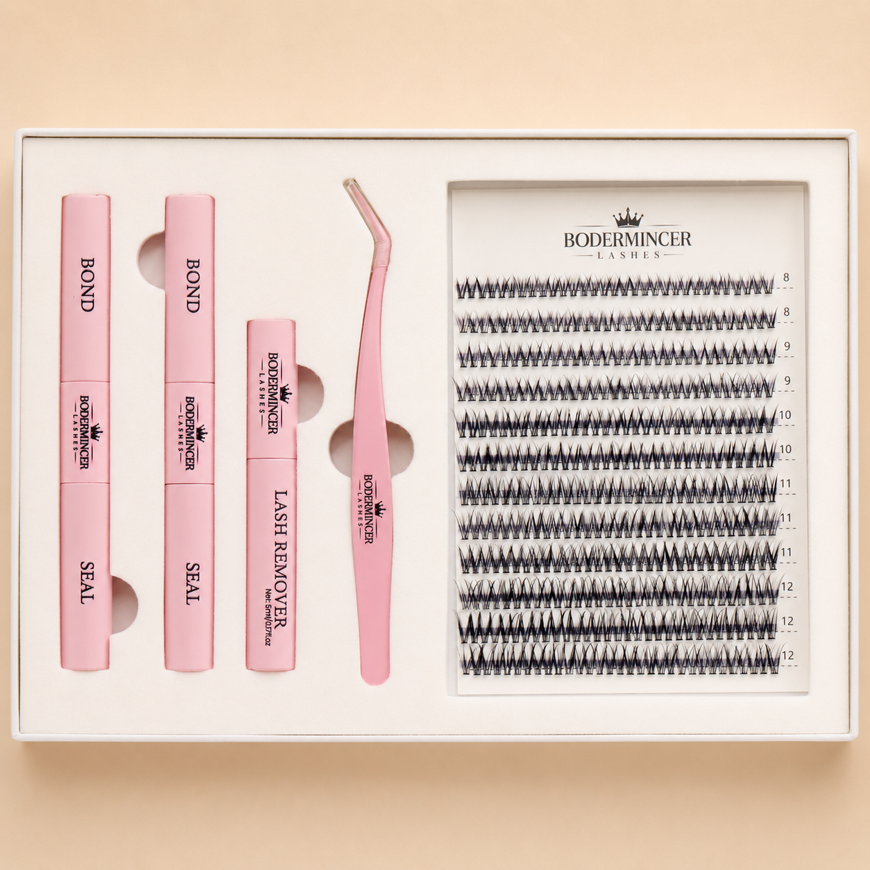 BODERMINCER 12D Fishtail Lash Clusters Kit, CC Curl, 8-12mm Portable kit with oval mirror, 2 Bond & Seal tubes, remover and tweezer