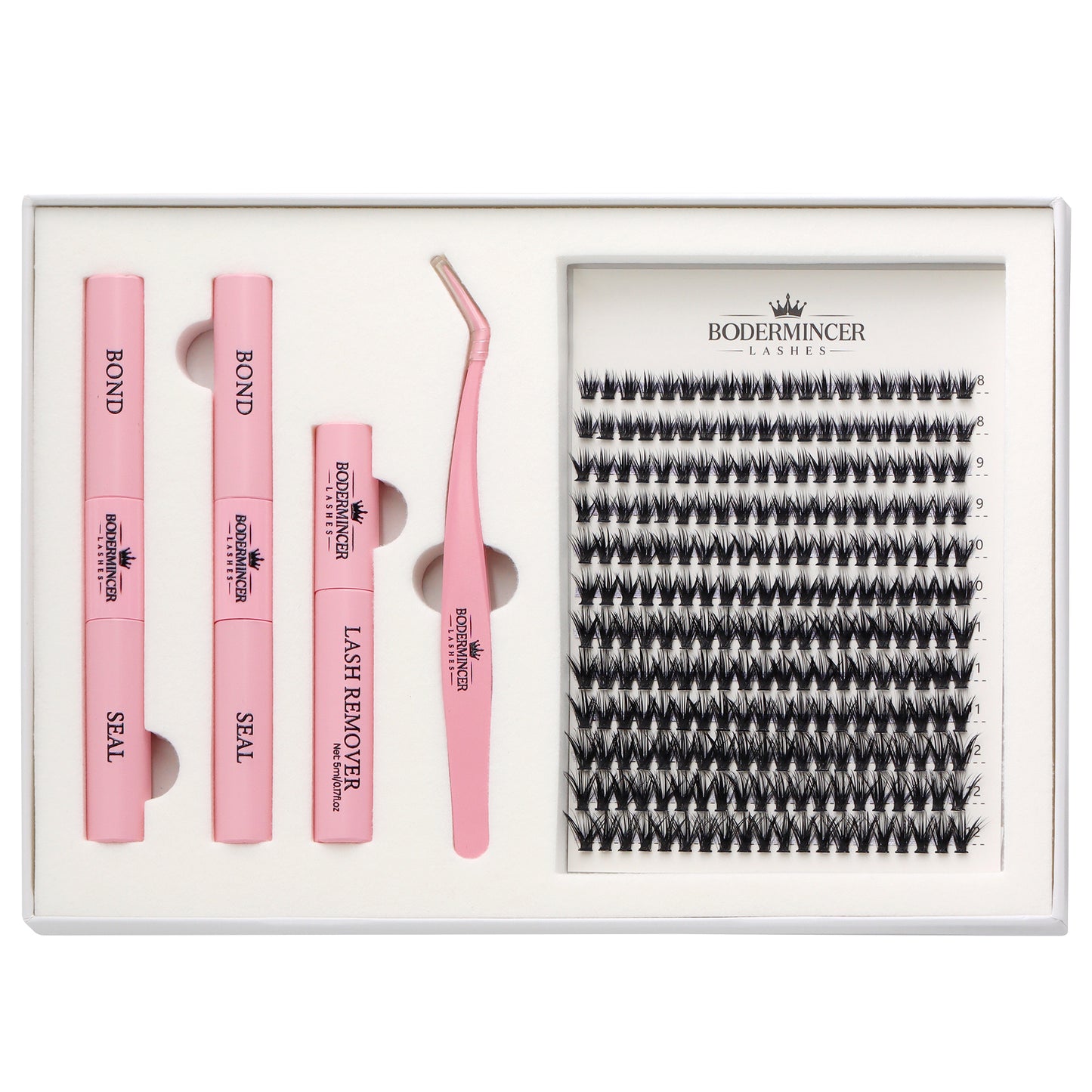 BODERMINCER 40D Lash Clusters Kit, D Curl, 8-12mm Short Mixed Complete DIY kit with 2 Bond & Seal tubes, remover and lash tweezers