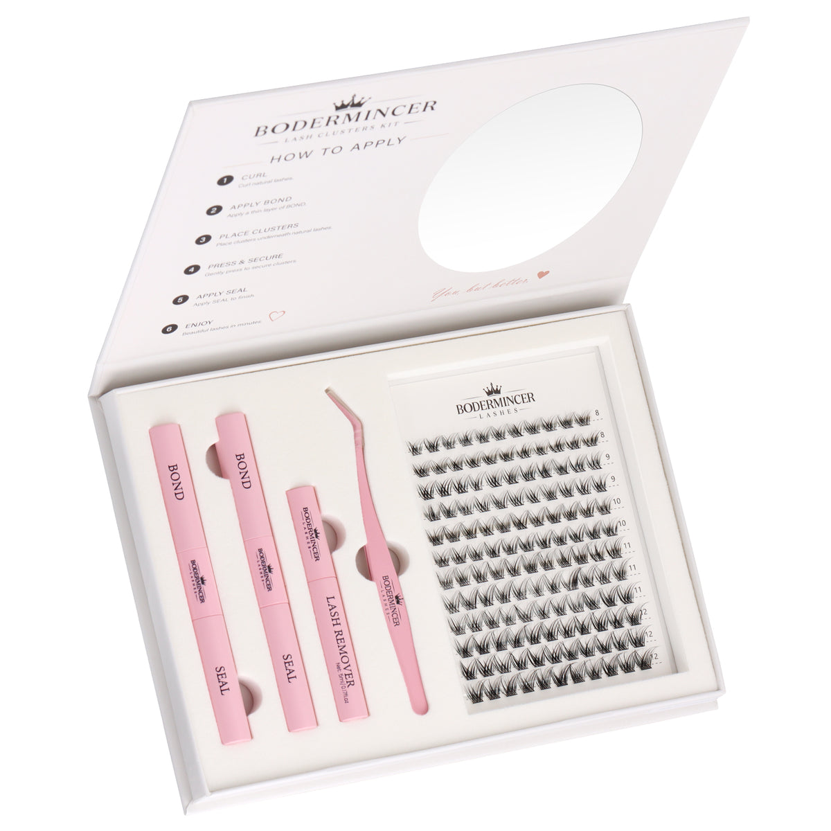 BODERMINCER M06# 8-9-10-11-12mm Mixed Lash Clusters Kit Natural D Curl