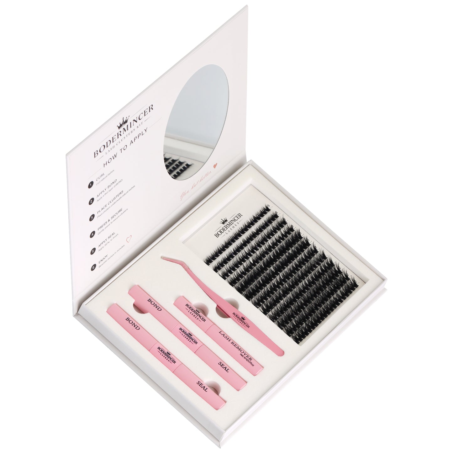 BODERMINCER 80D Wispy Lash Clusters Kit with Mirror, D Curl, 8-12mm Full 80D wispy clusters with short mixed lengths, complete tools and a convenient built-in oval mirror.