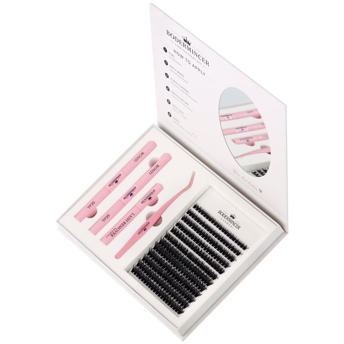BODERMINCER 100D Wispy Lash Clusters Kit with Mirror, D Curl, 8-12mm Thick 100D wispy clusters with short mixed lengths, complete tools and a convenient built-in oval mirror