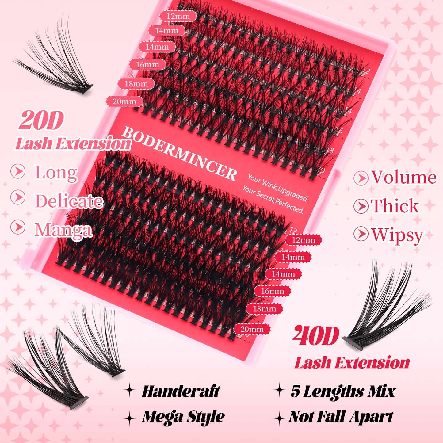 BODERMINCER 240pcs D Curl 20D+40D 12-20mm Mixed Lash Clusters Kit With Bond And Seal ,Tweezers