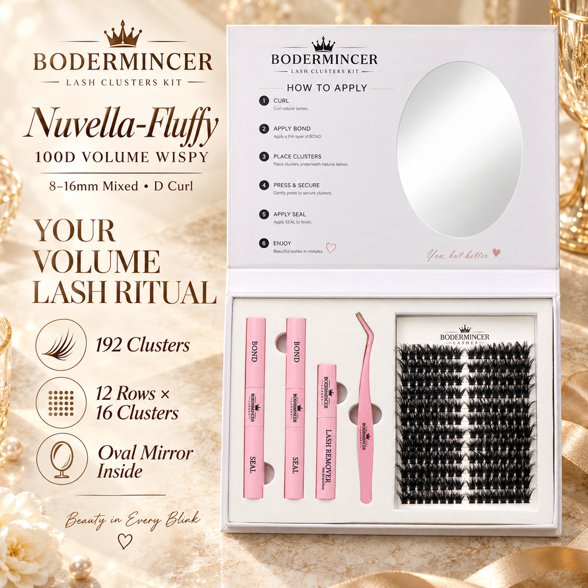 BODERMINCER Nuvella-Fluffy-100D Pre-mapped Lash Clusters Kit 8-16mm Mixed