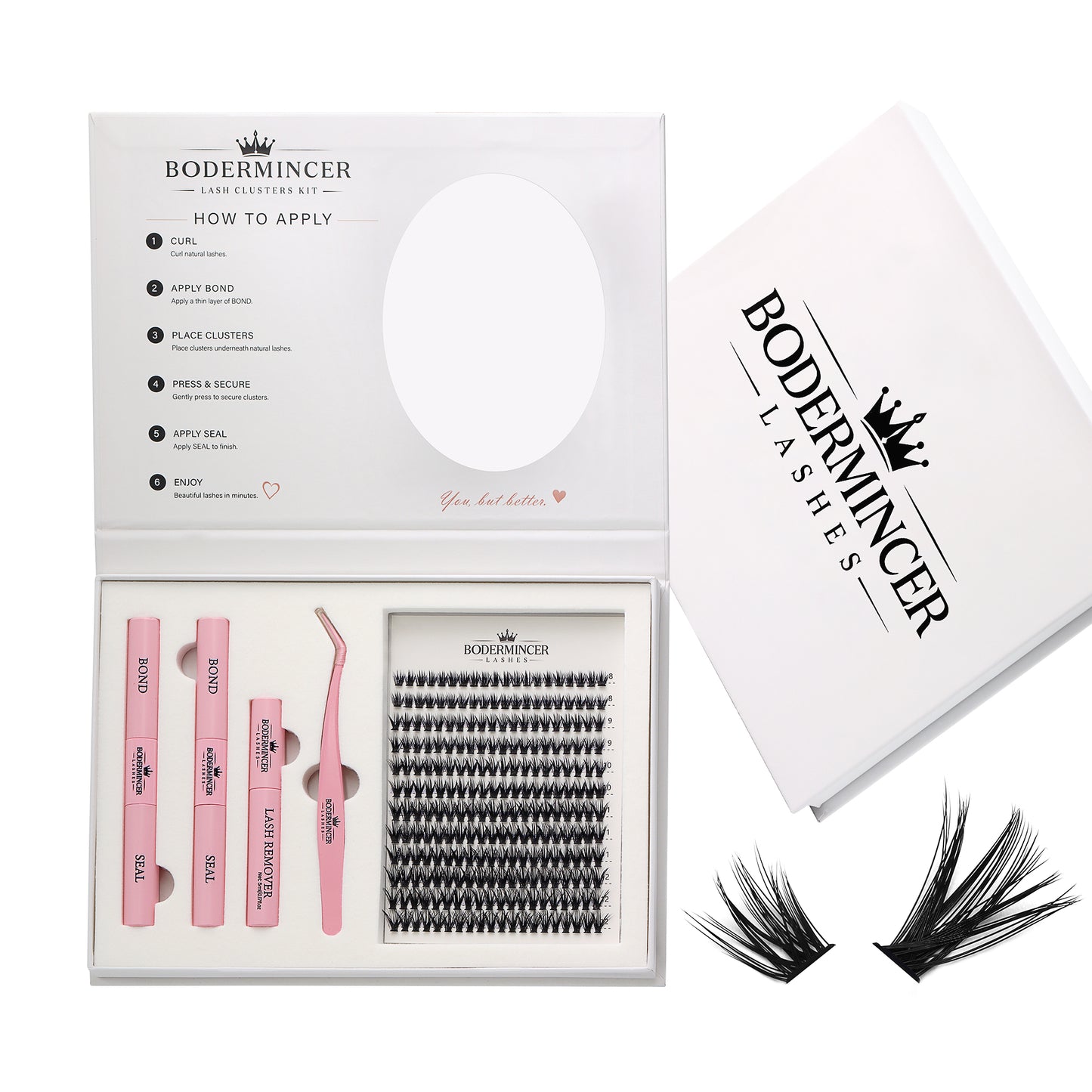 BODERMINCER 40D Lash Clusters Kit, D Curl, 8-12mm Short Mixed Complete DIY kit with 2 Bond & Seal tubes, remover and lash tweezers