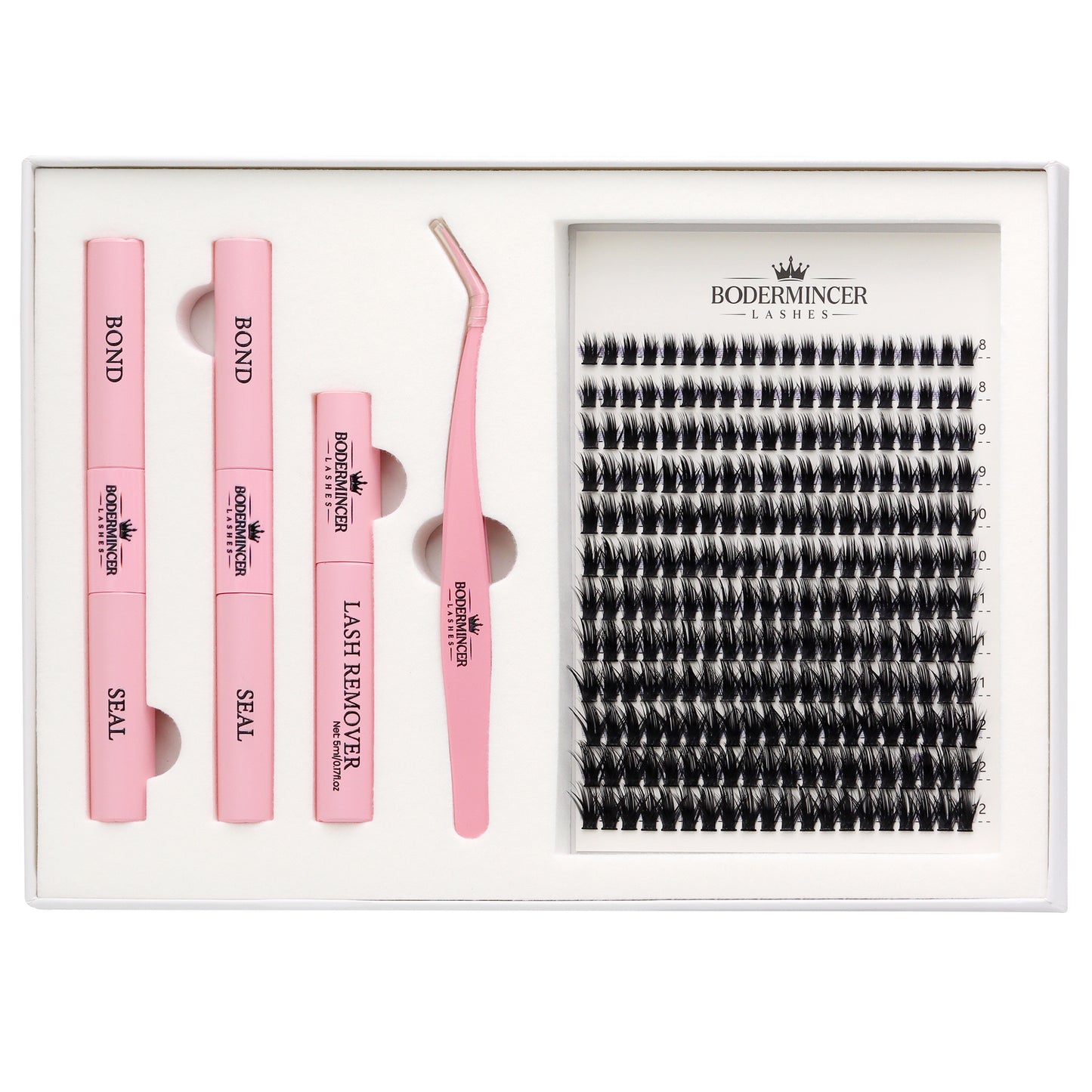 BODERMINCER 60D Wispy Lash Clusters Kit with Mirror, D Curl, 8-12mm Natural 60D wispy clusters with short mixed lengths, complete tools and a convenient built-in oval mirror.