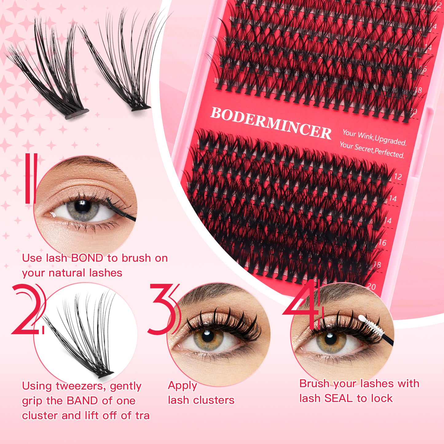 BODERMINCER 240pcs D Curl 20D+40D 12-20mm Mixed Lash Clusters Kit With Bond And Seal ,Tweezers